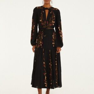 Farm Rio Black Berry Garden Long Sleeve Pleated Maxi Dress